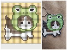 cross stitch keychains with pictures of dogs and cats on them, one is green and the other is brown