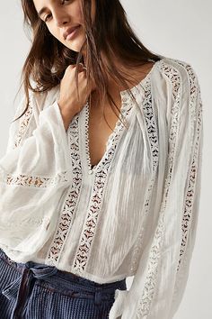 FP One Effie Top | Free People Cutwork Top, Bespoke Fashion, Free People Clothing, White Lace Top, Hottest Fashion Trends, Button Up Top, Cut Work, Wide Sleeves, White Blouse