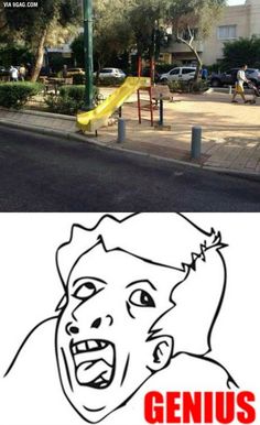 an image of the face of a man in front of a playground with words genius on it