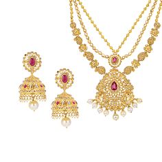 Traditional Indian design three piece long necklace with matching jhumka earrings for the bride-to-be.  The 22 karat yellow gold set features uncut diamonds (31.15 carats), ruby gemstone with south sea pearl.  The post screw back earrings have a 1 mm post.  The adjustable back chain within the necklace secures with a hook closure. Bridal Jewellery Online, Uncut Diamond Necklace, Indian Bridal Jewelry, Bridal Diamond Necklace, Indian Wedding Jewelry Sets, Hand Chain Bracelet, Diamond Necklace Set, Indian Wedding Jewelry, Bridal Jewellery Indian