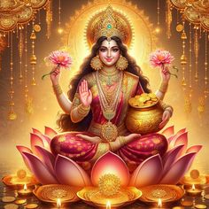 there is a woman sitting on the lotus with flowers in her hand