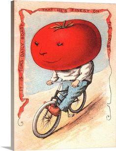 a drawing of a person riding a bike with a large tomato on it's head