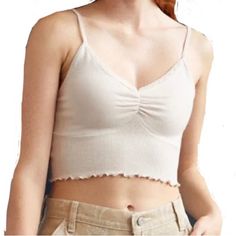 Cream Lace Scallop Spaghetti Strap Tank Top Crop Cami Pacsun Nee With Tags Size Medium Trendy Beige Crop Top With Built-in Bra, Beige Spring Tank Top With Built-in Bra, Spring Beige Stretch Camisole, Beige Tank Top With Built-in Bra For Spring, Spring Cream Tank Top With Built-in Bra, Beige Cotton Tank Top With Built-in Bra, Beige Seamless V-neck Crop Top, Casual Cropped Beige Tank Top, Casual Beige Cropped Tank Top