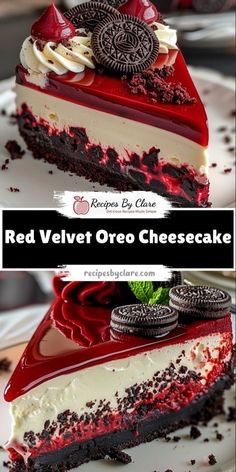 red velvet oreo cheesecake on a white plate