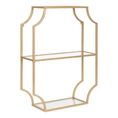 a gold metal shelf with glass shelves on each side and an arched design at the top