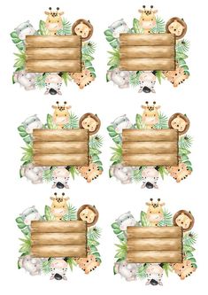 four wooden signs with animals on them and palm leaves around the edges, in front of a white background