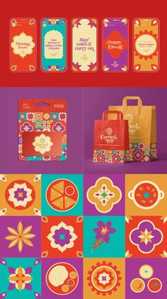 an assortment of colorful bags with different designs and colors on the front, side, and back