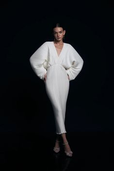 Luxury Chic Gown With Back Opening, Luxury Dinner Dresses With Back Opening, Chic Luxury Pleated Dress For Wedding, Luxury Pleated Bridesmaid Dresses, Elegant Luxury Gown For Dinner, Luxury Elegant Dresses With Straps, Luxury Puff Sleeve Dress For Dinner, Elegant Luxury Midi Dress For Dinner, Luxury Puff Sleeve Wedding Dress