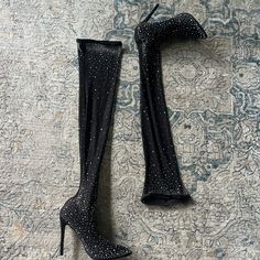 Super Cute Thigh High Mesh Sock/Sleeve Heel Great For A Night Out, Never Worn Chic Fitted Boots With Rhinestones, Embellished Fitted Boots For Night Out, Fitted Embellished Boots For Night Out, Chic Fitted Rhinestone Boots, Mesh Socks, Mesh Heels, Cell Phone Holster, Walker Boots, Pajama Shirt