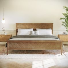 a large bed sitting on top of a wooden floor next to two nightstands and a potted plant