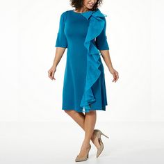 C Wonder by Christian Siriano Luxury Yarn Cascade Ruffle Dress A vision in dreamy, luxurious sweater knit fabric, this sweet frock features a gorgeous, eye-catching organza cascading ruffle that complements romantic blouson sleeves. A look that's fab for fussy affairs or moods. Blue Winter Dresses With Ruffles, Blue Ruffled Dresses For Winter, Blue Ruffled Winter Dress, Winter Feminine Dresses With Ruffles, Winter Ruffled Stretch Dresses, Feminine Ruffled Winter Dresses, Winter Dresses With Ruffles And Stretch, Winter Stretch Dresses With Ruffles, Feminine Winter Dresses With Ruffles