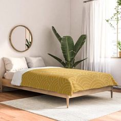 a bed sitting in a bedroom next to a mirror and potted plant on top of a wooden floor