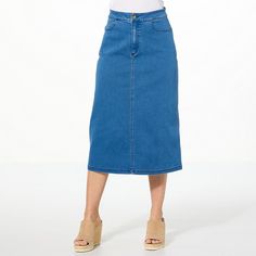 IMAN Global Chic Denim Midi Skirt   We took everything you love about your favorite pair of jeans and put them into this easy-to-style denim twill midi skirt. A timeless classic, this A-line designed garment provides a flattering fit while boosting your confidence. Classic High Waist Blue Denim Skirt, Classic Blue Mid-rise Denim Skirt, Classic Cotton Pencil Skirt For Spring, Classic Spring Cotton Pencil Skirt, Classic Mid-rise Denim Skirt For Spring, Classic Mid-rise Denim Skirt For Summer, Classic High Rise Denim Skirt For Summer, Classic High Waist Denim Skirt For Spring, Classic High-waist Denim Skirt For Spring