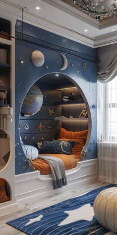 a room with a bed, bookshelf and space themed wallpaper