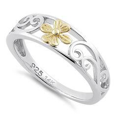 Note: The flower is made from solid 14k yellow gold, while the rest of the ring is made from 925 sterling silver. The 14K gold and sterling silver pieces are produced separately and later soldered together to create one solid piece. Its the best of both worlds with 2 beautiful precious metals!
Top of ring height: 6mm
Band width: 2.8mm
Shank width: 2mm
Metal: 14k solid yellow gold & 925 sterling silver 
Finish: high polish Silver Flower Ring, Wedding Unique, Sterling Silver Flowers, 14k Gold Ring, Silver Pieces, Flower Ring, Silver Flowers, Sterling Silver Charm, Solid Yellow