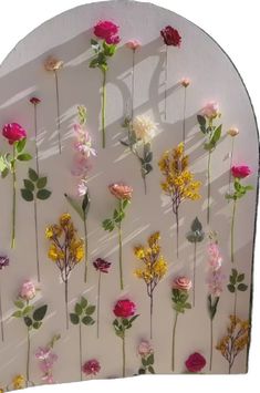 an arrangement of flowers arranged on a white wall