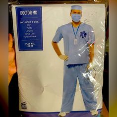 Includes 5 Pcs Shirt Pants Lanyard Scrub Cal Surgical Mask Pants Lanyard, Mens Doctor, Surgical Mask, Shirt And Pants, Blue Man, Lanyard, Scrubs, Color Blue, Mask