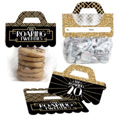 the roaring twenties party pack includes cookies, candy bags and an assortment of treats in black and gold