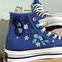 🌿 Blue Butterfly Hand Embroidered Converse High Tops, Flowers Embroidery Converse Chuck Taylor 1970s, Custom Embroidery Floral Shoes for Her 🌿 ❤️ About Our Products: Each pair of shoes from our store is brand new and hand-embroidered to order. Please ensure you select the correct shoe size before checkout. The embroidery is durable and won't fade over time. ✨ Personal Expression: Showcase your unique style with custom embroidery! Contact me to create your own embroidered shoes with a private l Embroidered Converse High Tops, Converse Haute, Upcycle Shoes, Shoe Embroidery, Embroidery Converse, Cute Converse Shoes, Embroidered Converse, Cute Converse, Embroidery Shoes