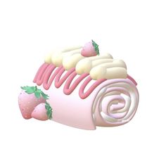 an illustration of a rolled up cake with strawberries on it and icing in the shape of a roll