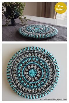 crocheted round rugs are shown in two different colors, one is blue and the other is gray