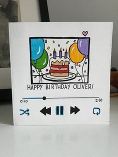 a birthday card with an image of a cake and balloons