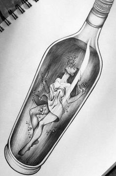 a drawing of a woman in a bottle