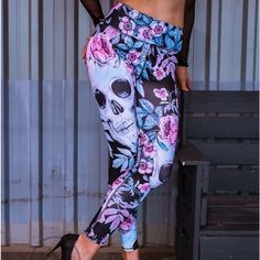 Bnwt Pink, Blue, & Black Floral And Skull Lotus Leggings Ankle Leggings Casual Stretch Leggings With Skull Print, Casual Skull Print Stretch Leggings, Casual Skull Print Leggings, Best Leggings For Women, Amanda Tapping, Mothers Love Quotes, Skull Leggings, Women Tattoos, Pink Nail Designs