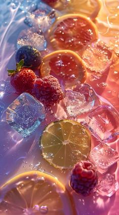 several lemons, raspberries and lime slices in water