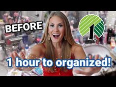 a woman in a red dress is smiling and holding her hands out with the words 1 hour to organized