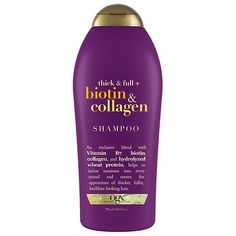 Plump up the volume in thin hair with the OGX Thick & Full + Biotin & Collagen Hair Volumizing Shampoo. Ideal for flat to medium volume hair, this thickening shampoo leaves hair feeling fuller and helps create more abundant-looking locks. The nutrient-rich, plump-it-up formula, is infused with vitamin B7 biotin, collagen, and wheat protein, and helps maintain growth for hair that's healthy-looking and feels thicker. The luscious blend in this thickening shampoo also contains hydrolyzed wheat Curly Hair And Glasses, Walmart Makeup, Volume Hair Shampoo, Biotin And Collagen Shampoo, Thicker Hair Remedies, Get Thicker Hair, Luxury Hair Care, Biotin Shampoo, Shampoo For Thinning Hair