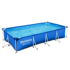 the bestway steel pro swimming pool is shown in blue with two poles on each side