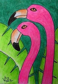 a drawing of two pink flamingos with green leaves in the foreground and an orange beak