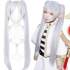 an anime wig with long grey hair and two different types of headpieces on display