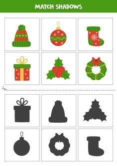 the matching game with christmas items for children to learn how to match shadows and shapes