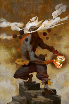 a digital painting of a man holding a fire in his right hand and throwing rocks into the air