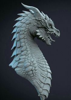 a white dragon statue is shown against a black background with its tail curled up and it's eyes open