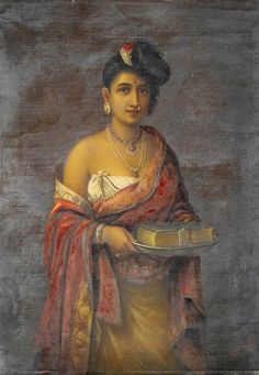 an old painting of a woman holding a tray