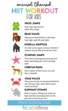 an animal themed workout for kids with the words, animals and their names on it