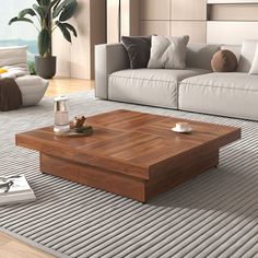 a living room with couches, coffee table and potted plant on the floor