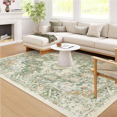 a living room filled with furniture and a large rug on top of a hard wood floor