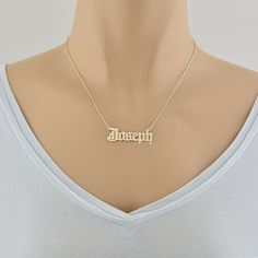 *Average Name Pendant Width : 1 1/2 Inch (3.8 cm) Approx. *Up to 9 Letters. *Premium high end quality personalized laser cut out any letters/numbers in 10k or 14k solid yellow gold personalized name necklace, this item comes with split sturdy 1.0 mm Rolo chain from 14~20 inches, name pendant length not included on length option. *This pendant cut out by latest technology laser machine, top quality guaranteed. *All my personalized jewelry made and ship from Los Angeles CA USA. Silver Nameplate Necklace Stamped 14k, Formal Hallmarked Nameplate Necklace, Formal Nameplate Necklace With Name Detail, Formal Engraved Nameplate Jewelry, Font Letters, English Font, Old English Font, Name Pendant, Laser Machine