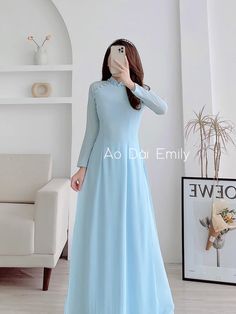 🌻This Set includes 1 long dress and 1 pants ( same color and fabric as top) 🌻 The measurement of this ao dai (long dress) is in Vietnamese size (American size tends to be bigger for the same size). Please LOOK AT THE SIZE CHART CAREFULLY BEFORE ORDERING. There might have some chalk writings on the fabric due to making process. These marks can be washed away easily. 🌻🌻No returns or exchanges Buyer can contact seller about any issues with an order. 💜 Thank you very much!💜 Light Blue Long Dresses For Spring, Long Light Blue Spring Dress, Fitted Long Light Blue Dress, Blue Long Chiffon Dress, Modest Blue Wedding Dress, Long Blue Ao Dai For Spring, Modest Long Blue Dresses, Fitted Light Blue Ao Dai For Spring, Summer Wedding Ao Dai With Long Sleeves