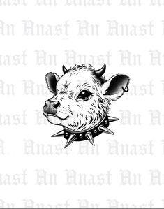 a drawing of a cow with spiked horns on it's head and an inscription that says