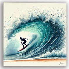 a painting of a surfer riding a large wave