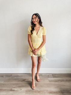 Details: Dress features tiered flounce skirt, puff sleeves, lace neckline, hidden shorts and hidden zipper. Hand wash cold Color: Lemon True to size fit Model is wearing a size small Measurements:Measurements are approximate Small: Bust 32-34” | Waist 25-26” | Hips 38-39"Medium: Bust 35-36" | Waist 27-28” | Hips 40-41"Large: Bust 38-40" | Waist 29-30”| Hips 42-44" Fitted Smocked Bodice Tiered Mini Dress, Fitted Mini Length Tiered Dress With Smocked Bodice, Tiered Puff Sleeve Dress For Brunch, Fitted Tiered Puff Sleeve Dress For Brunch, Fitted Puff Sleeve Tiered Dress For Spring, Fitted Tiered Dress With Ruffle Hem And Puff Sleeves, Fitted Tiered Dress With Puff Sleeves And Ruffle Hem, Yellow Puff Sleeve Mini Dress With Ruffles, Flirty Fitted Tiered Dress For Brunch