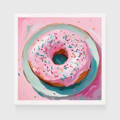 a painting of a pink donut on a plate