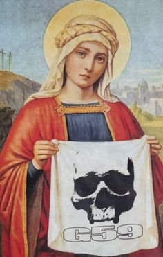 an image of the virgin mary holding up a banner with a skull and cross on it