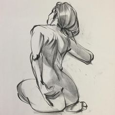 a black and white drawing of a woman kneeling down