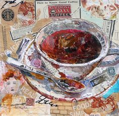 a painting of a bowl of food on top of a plate with spoons and paper